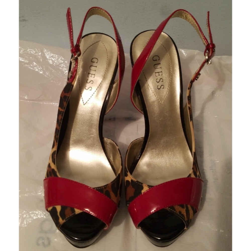 Guess Leopard & Red Peep Toe Sling Back Heel Pump - Picture 2 of 8